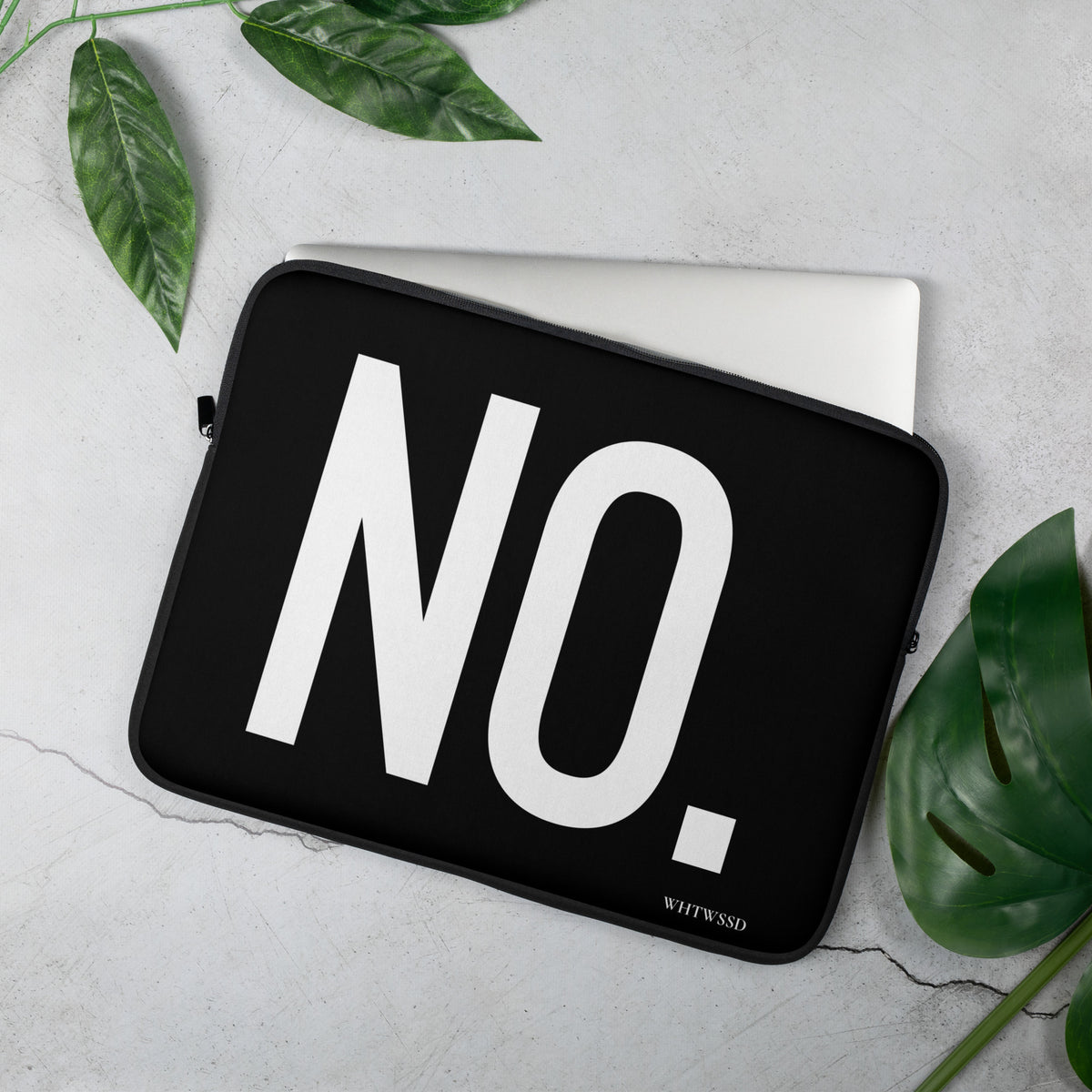 Front facing 15 inch graphic laptop sleeve in color black, featuring the statement 'NO.' in bold white print. From What Was Said (Statement Apparel + More). 