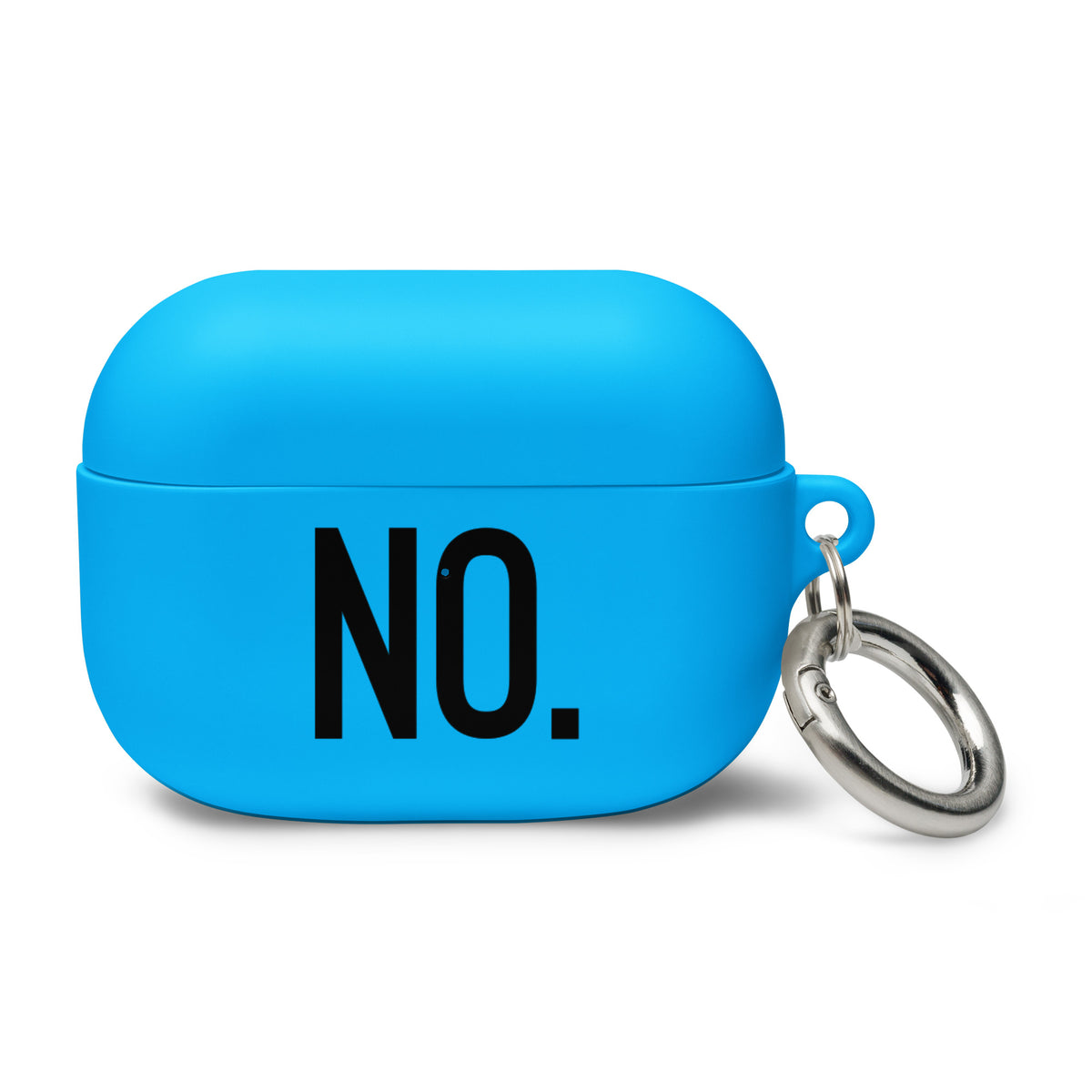 Front facing AirPods graphic rubber case in color blue, featuring the statement 'NO" in bold black print. From What Was Said (Statement Apparel + More). 