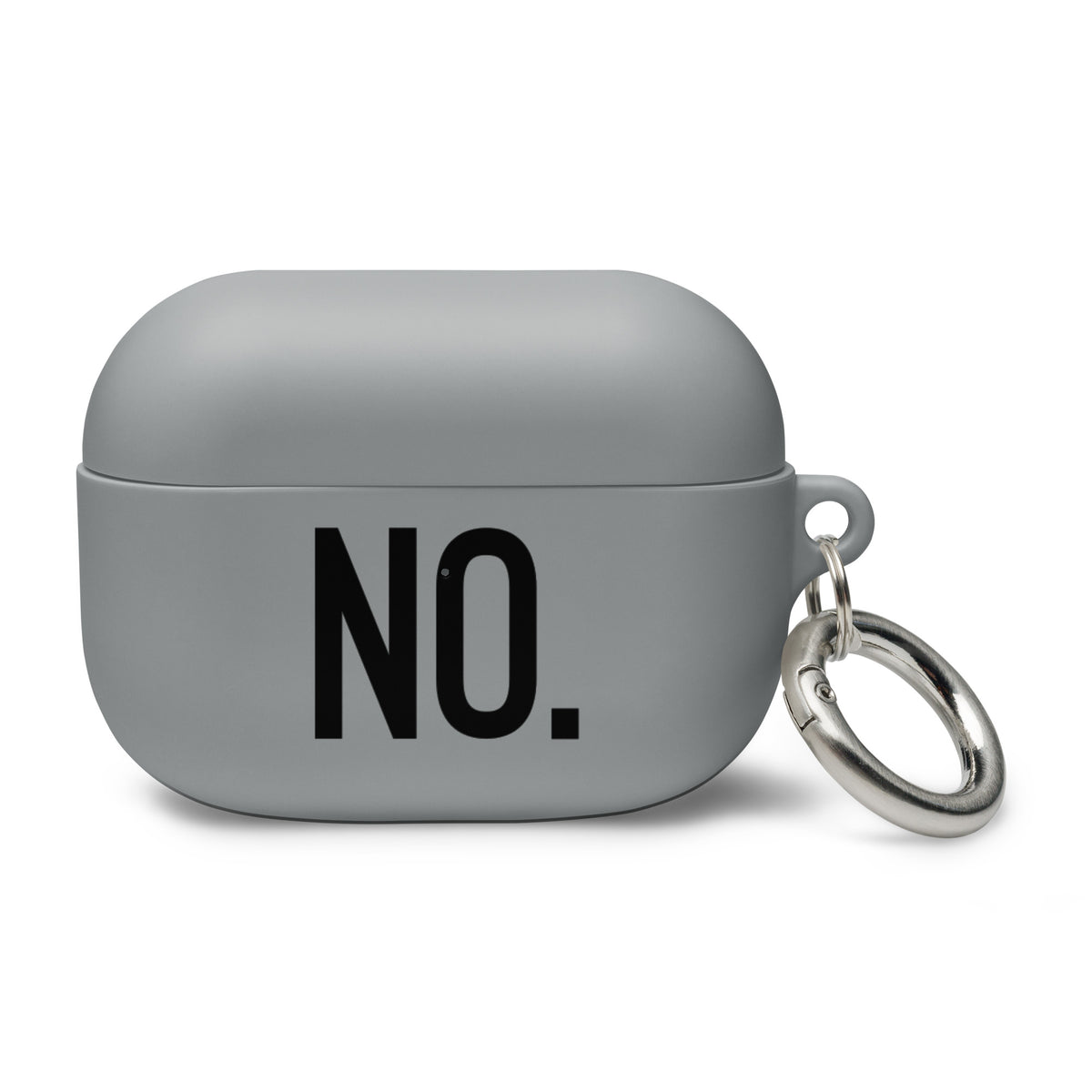 Front facing AirPods graphic rubber case in color grey, featuring the statement 'NO" in bold black print. From What Was Said (Statement Apparel + More). 