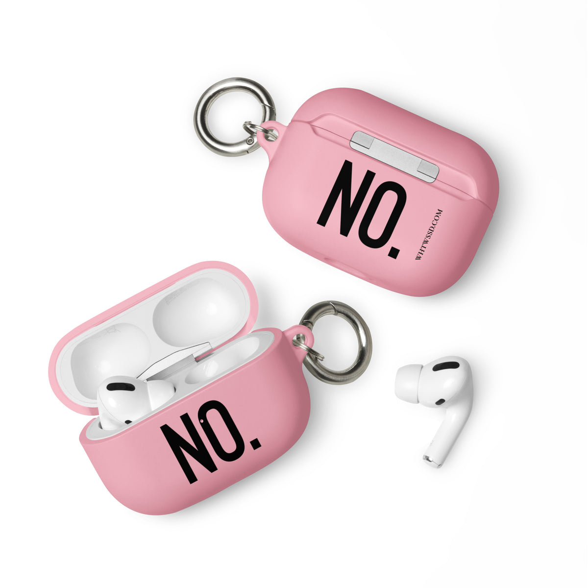 Front and back facing AirPods Pro graphic rubber cases in color pink, featuring the statement 'NO" in bold black print on both sides, and the brand logo WHTWSSD.COM on the back. From What Was Said (Statement Apparel + More). 