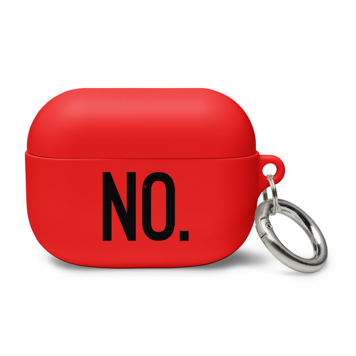 Front facing AirPods graphic rubber case in color red, featuring the statement 'NO" in bold black print. From What Was Said (Statement Apparel + More). 