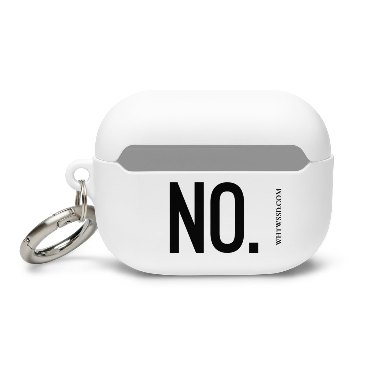 Back facing AirPods Pro graphic rubber case in color white, featuring the statement 'NO" in bold black print, and the brand logo WHTWSSD.COM. From What Was Said (Statement Apparel + More). 