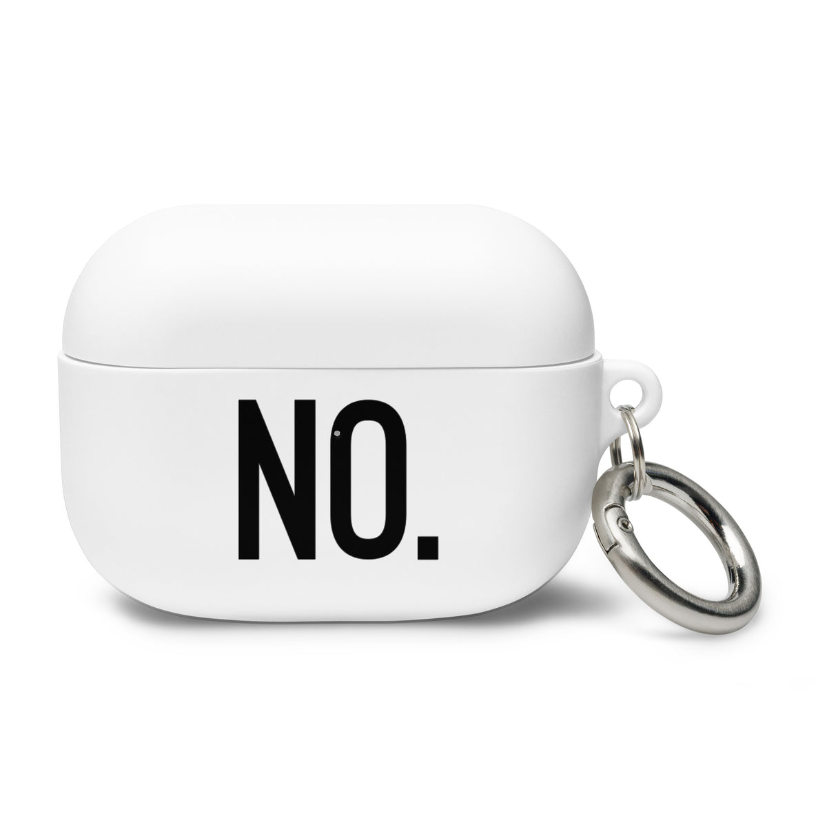 Front facing AirPods graphic rubber case in color white, featuring the statement 'NO" in bold black print. From What Was Said (Statement Apparel + More). 