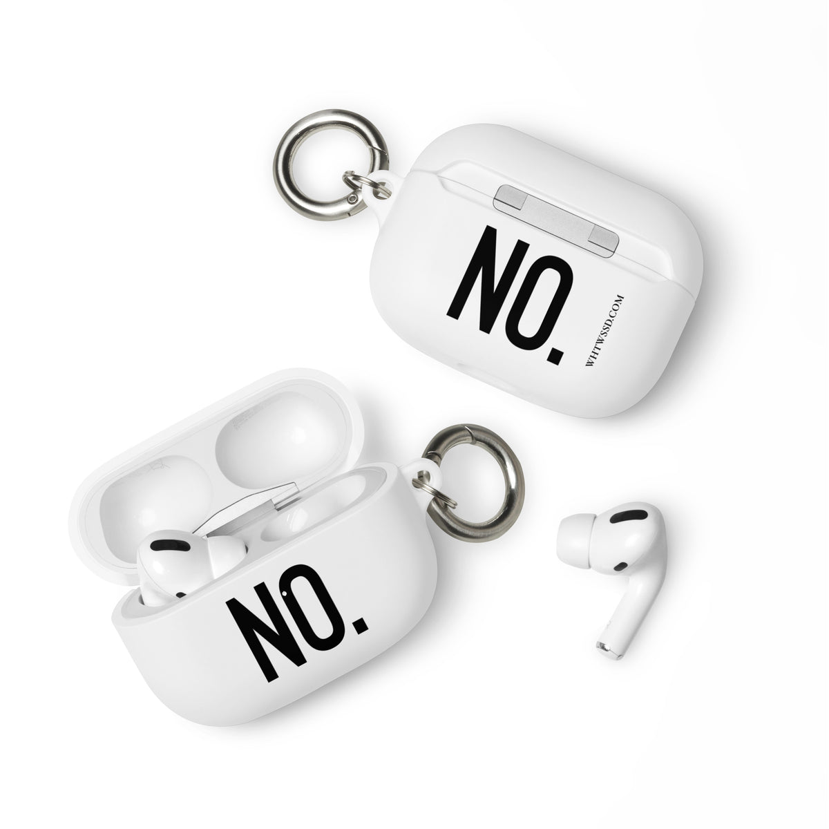 Front and back facing AirPods Pro graphic rubber cases in color white, featuring the statement 'NO" in bold black print on both sides, and the brand logo WHTWSSD.COM on the back. From What Was Said (Statement Apparel + More). 