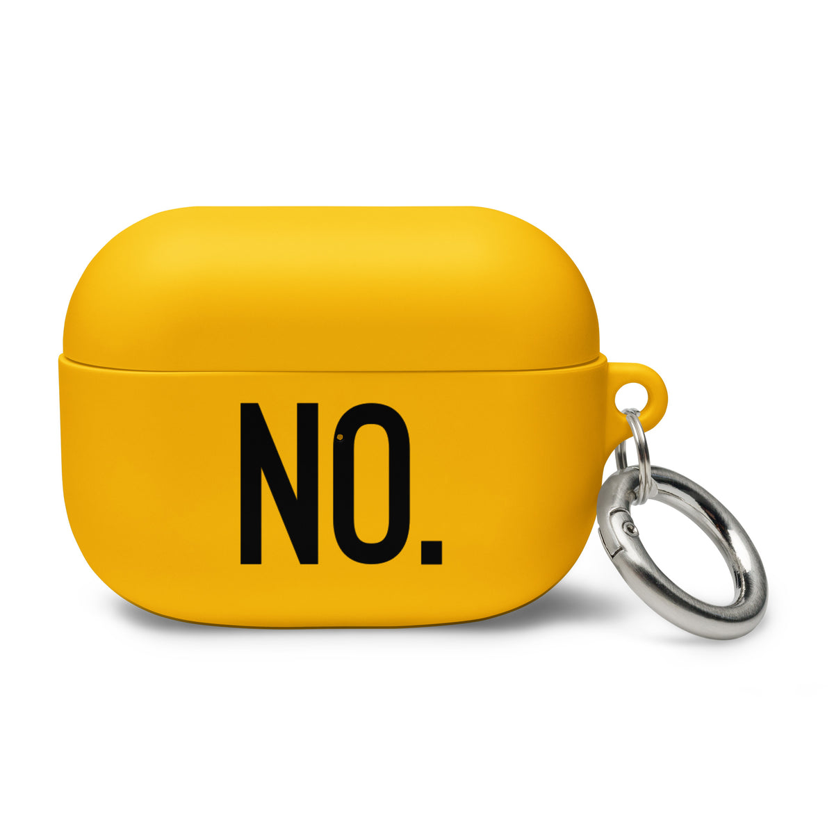 Front facing AirPods graphic rubber case in color yellow, featuring the statement 'NO" in bold black print. From What Was Said (Statement Apparel + More). 