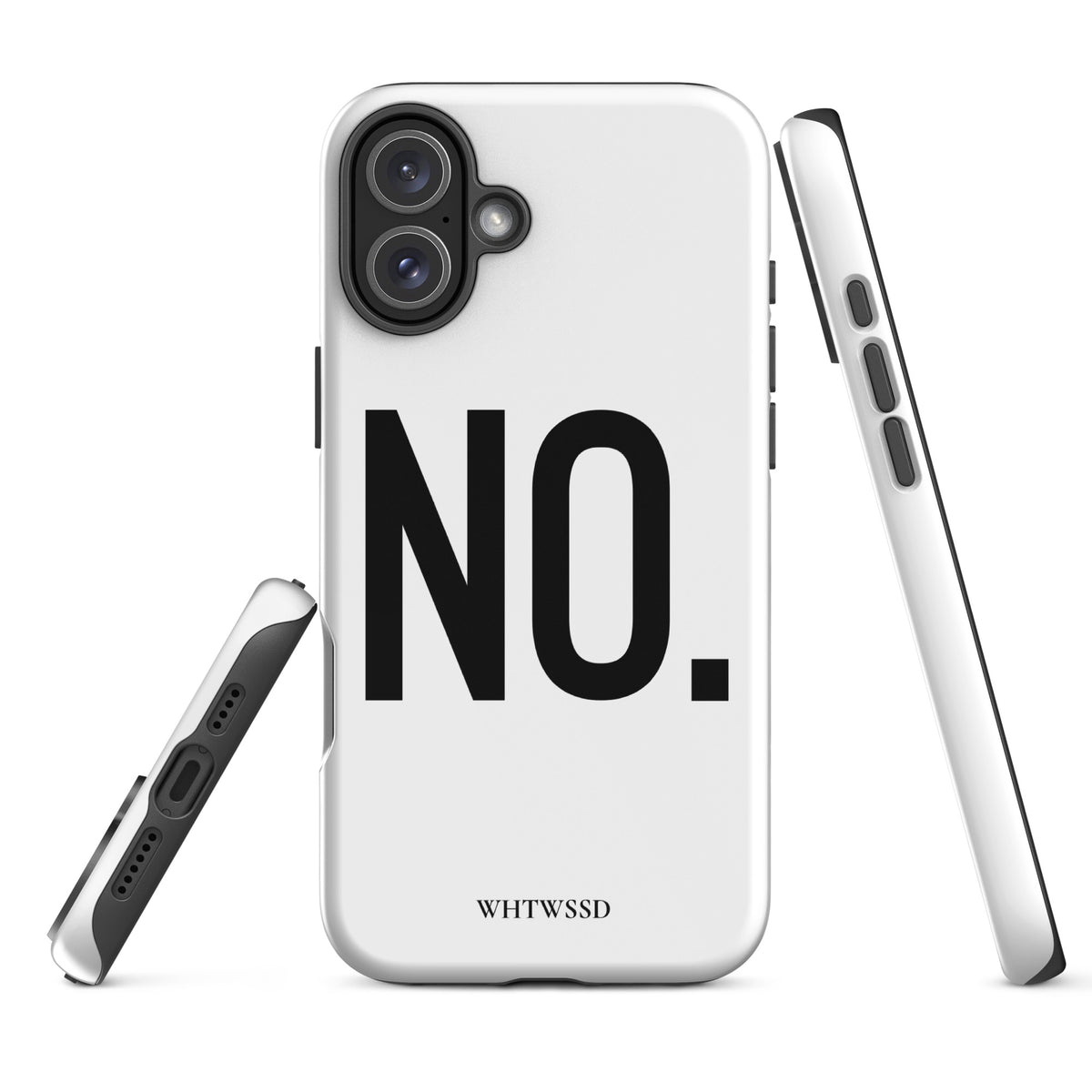 Front facing graphic iPhone 16 Plus case in color white, against white background. Featuring porthole details, and the statement 'NO.' in bold black print on the phone case. From What Was Said (Statement Apparel + More). 