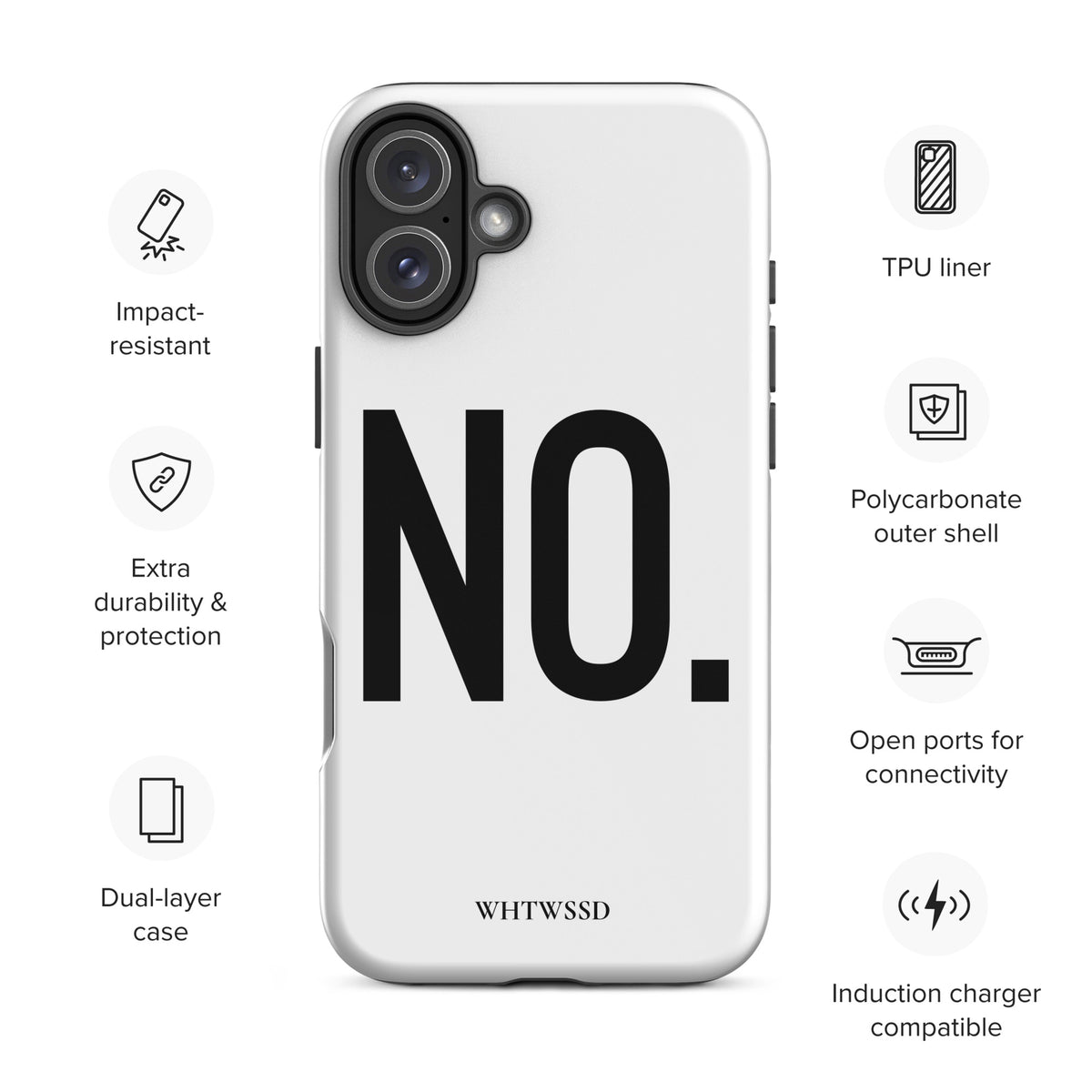 Front facing graphic iPhone 16 Plus case in color white, against white background. Featuring the statement 'NO.' in bold black print on the phone case. From What Was Said (Statement Apparel + More). 