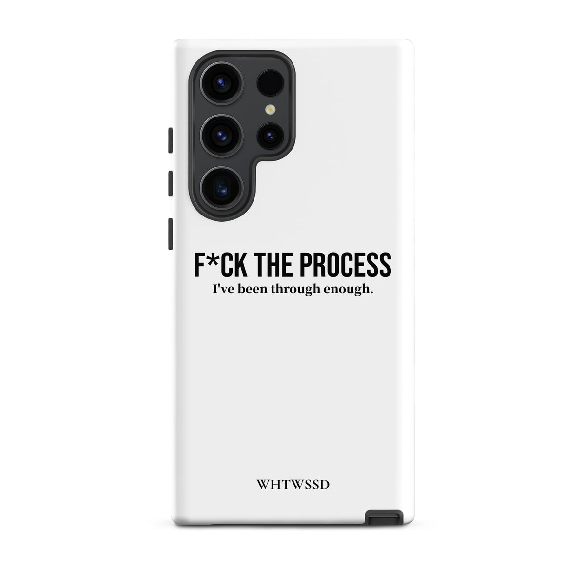 Front facing graphic Samsung Galaxy S23 Ultra case, against white background. Featuring the statement 'F*CK THE PROCESS, I've been through enough.' in bold black print on the phone case. From What Was Said (Statement Apparel + More). 