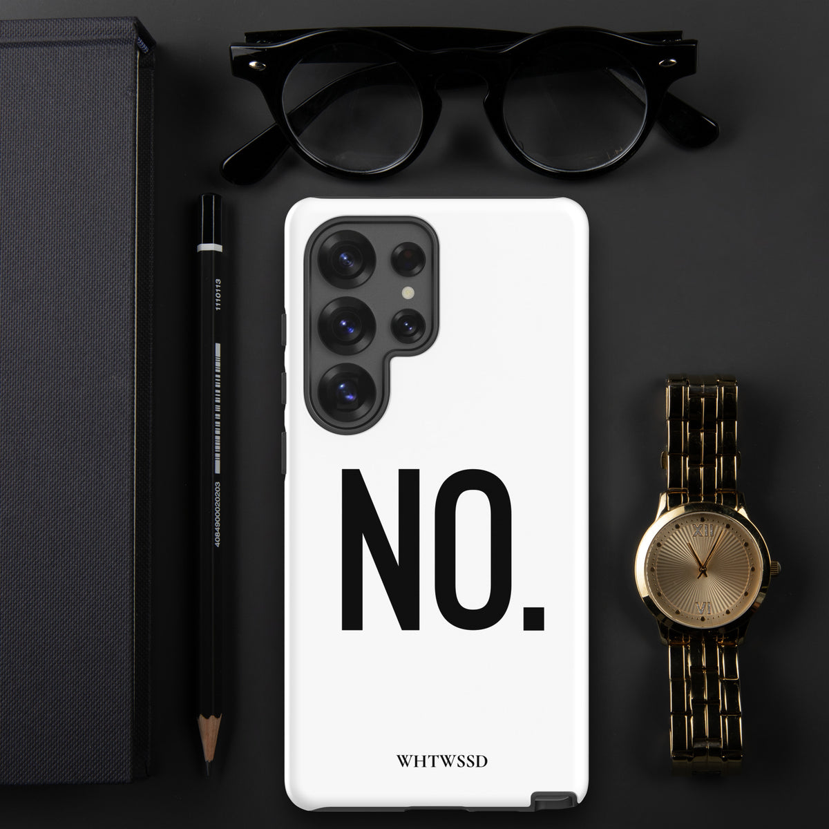 Front facing Samsung Galaxy S25 Ultra graphic phone case cases in color white, on black desk background. Featuring the statement 'NO.' in bold black print on the phone case. From What Was Said (Statement Apparel + More). 
