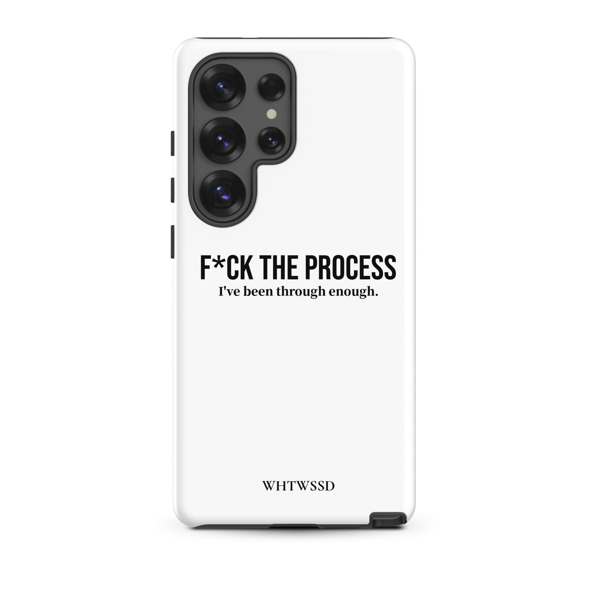 Front facing graphic Samsung Galaxy S25 Ultra case, against white background. Featuring the statement 'F*CK THE PROCESS, I've been through enough.' in bold black print on the phone case. From What Was Said (Statement Apparel + More). 