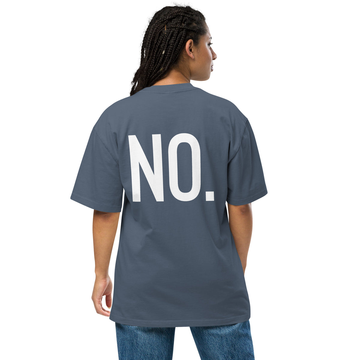 Model wearing back facing oversized fit graphic t-shirt in color faded indigo, featuring the statement 'NO,' in bold white print. From What Was Said (Statement Apparel + More). 