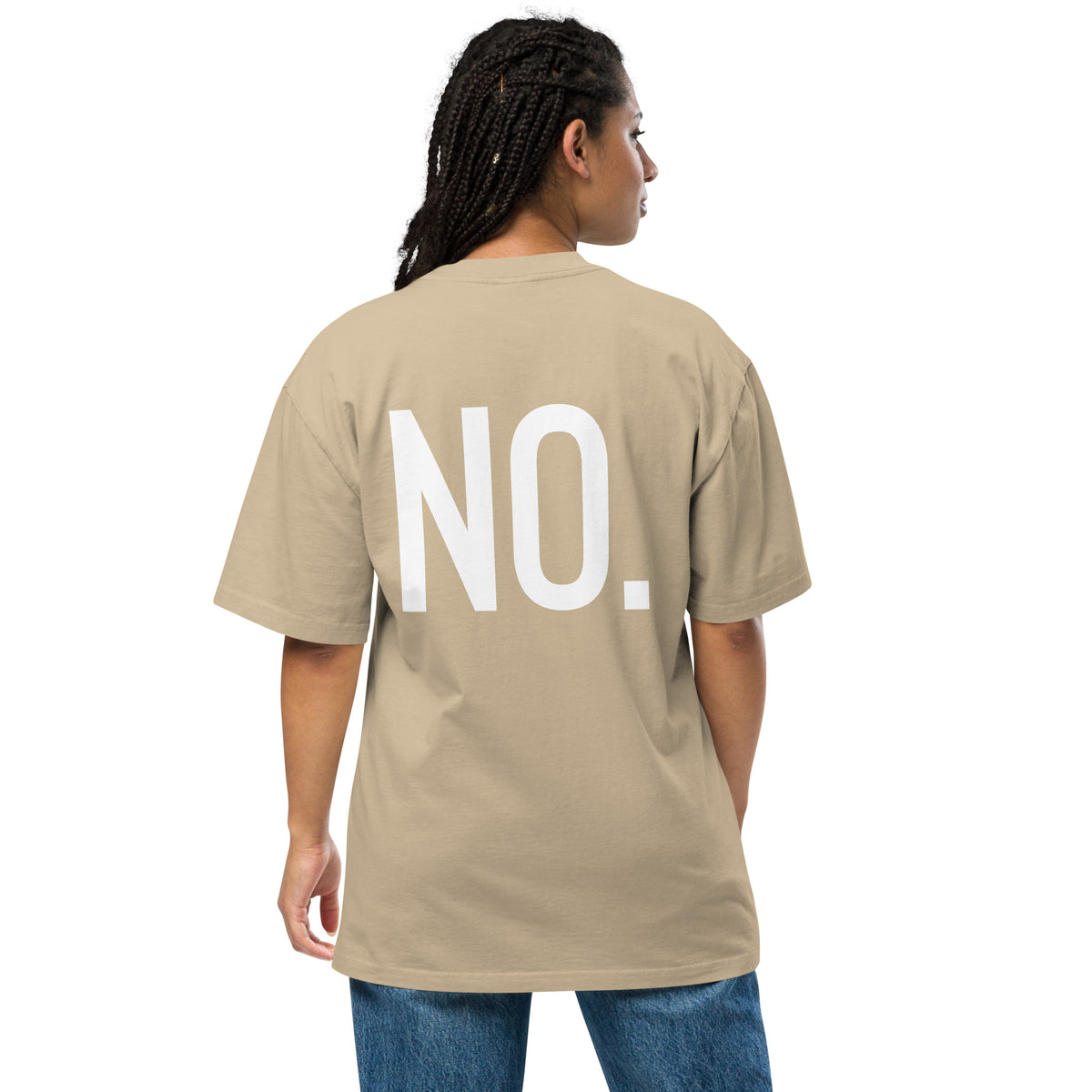 Model wearing back facing oversized fit graphic t-shirt in color faded khaki, featuring the statement 'NO,' in bold white print. From What Was Said (Statement Apparel + More). 
