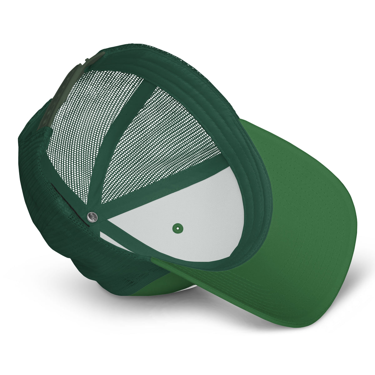 Product details of the underside facing graphic trucker hat in color evergreen, featuring the underside view of the hat and the hats light green underside brim. From What Was Said (Statement Apparel + More).