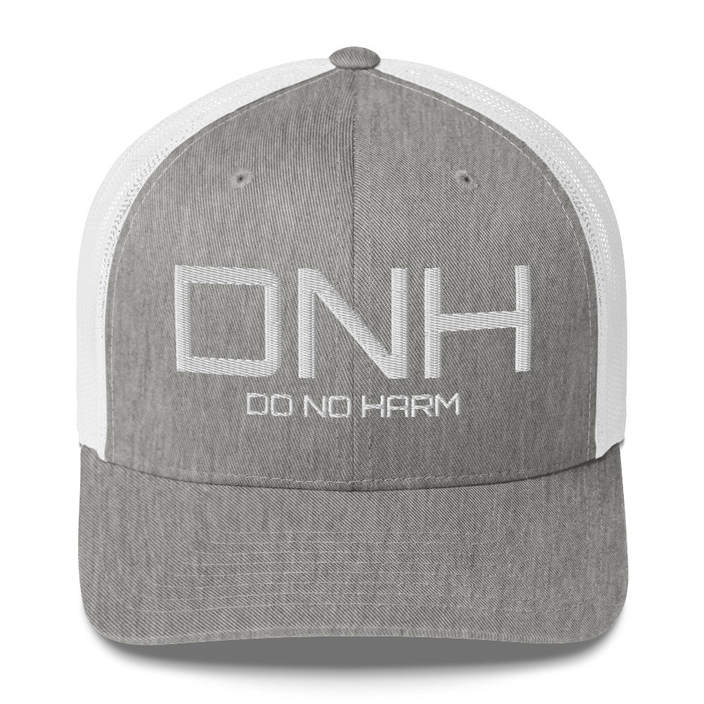 Front facing graphic trucker hat in color heather grey and white, featuring the initialism 'DNH', and the statement 'DO NO HARM,' in bold white embroidery. From What Was Said (Statement Apparel + More).