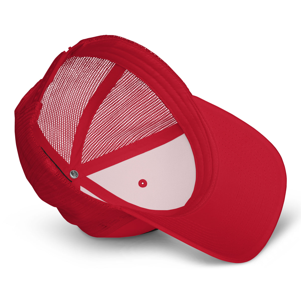 Product details of the underside facing graphic trucker hat in color red, featuring the underside view of the hat and the hats red underside brim. From What Was Said (Statement Apparel + More).