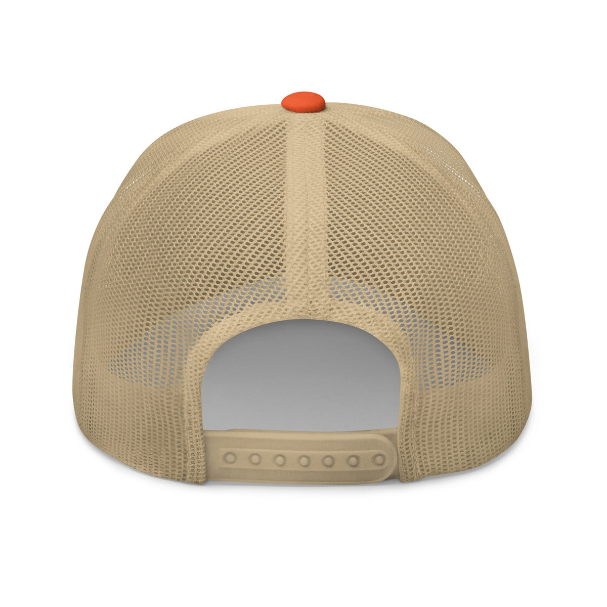 Product details on back facing graphic trucker hat in color orange and khaki, featuring close up view of hats plastic snap closure. From What Was Said (Statement Apparel + More).