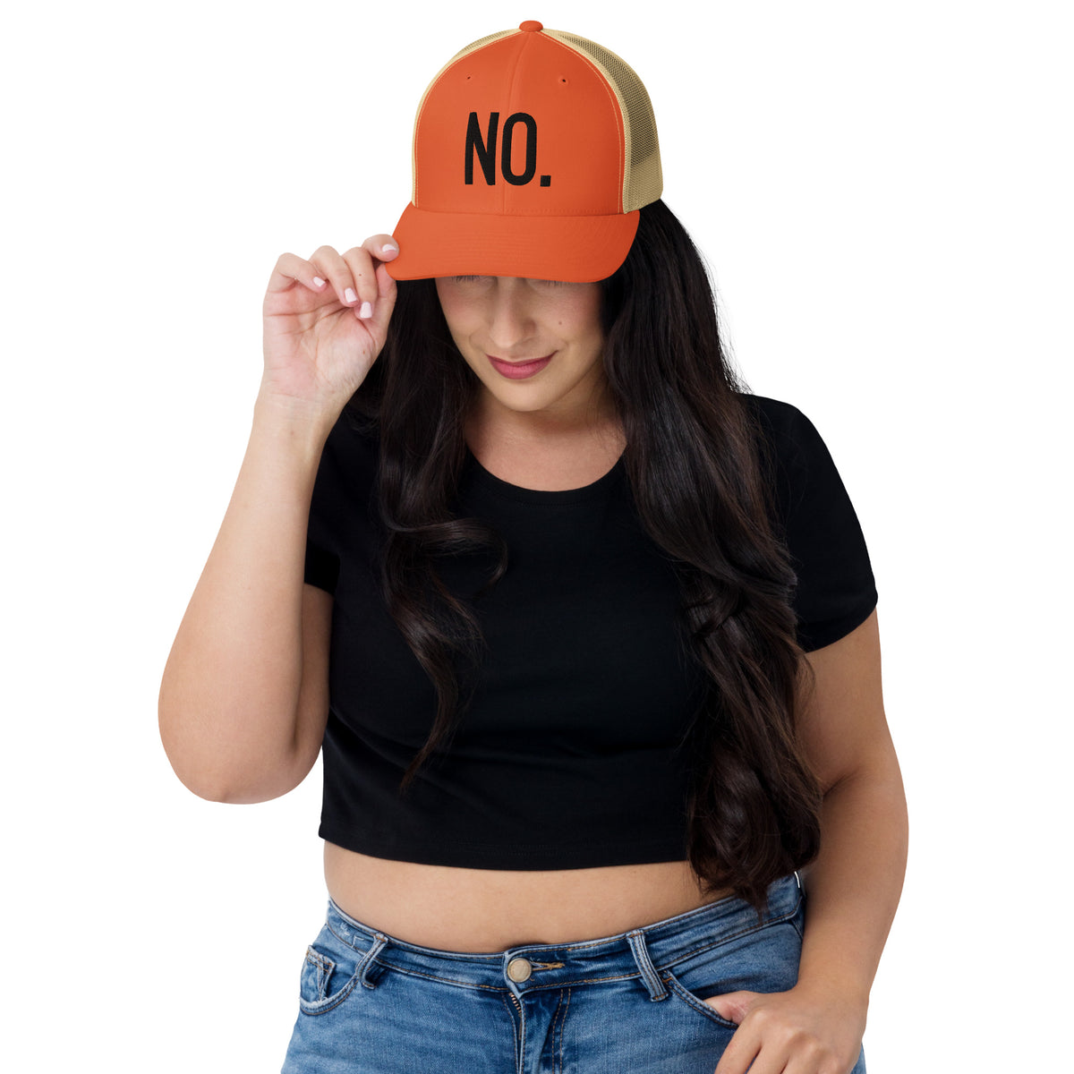 Model is wearing front facing graphic trucker hat in color rustic orange and khaki, featuring the statement 'NO.' in bold black embroidery. From What Was Said (Statement Apparel + More).
