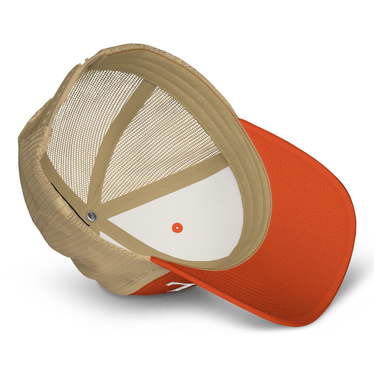 Product details of the underside facing graphic trucker hat in color orange and khaki, featuring the underside view of the hat and the hats orange underside brim. From What Was Said (Statement Apparel + More).