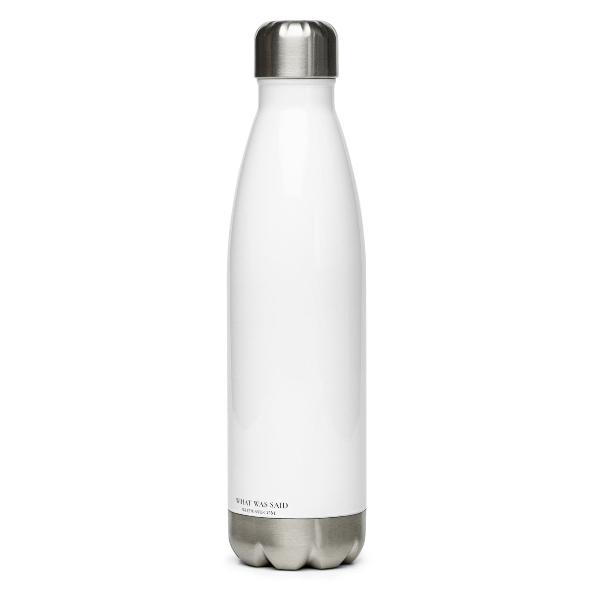 Back facing graphic water bottle in color white, against white background. Featuring brands website WHTWSSD.COM, in small black print on the back. From What Was Said (Statement Apparel + More). 