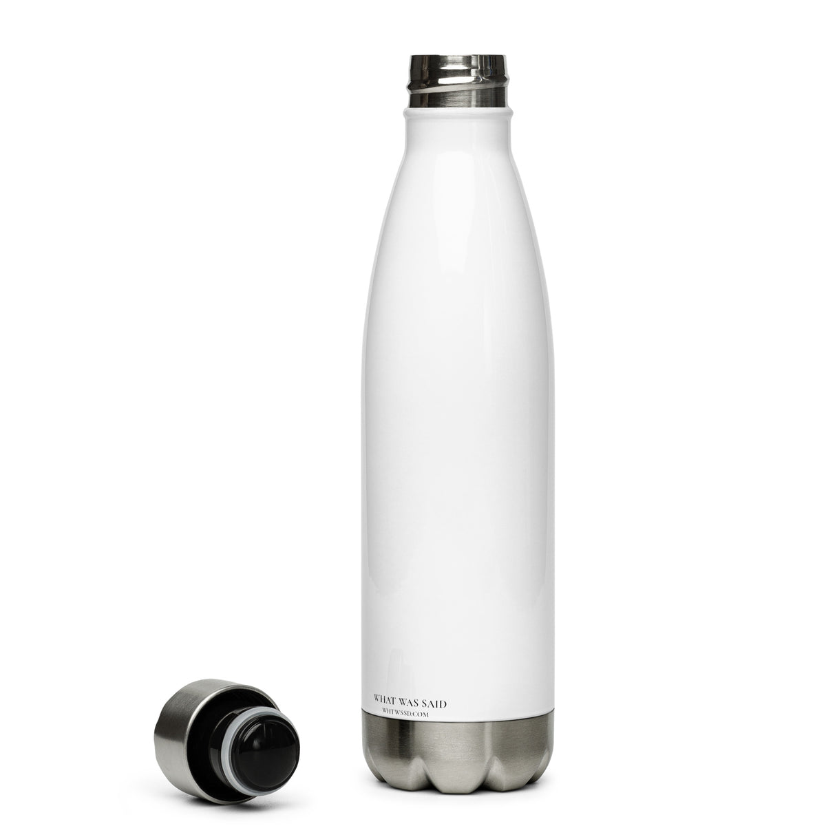 Back facing graphic water bottle in color white, against white background. Featuring brands website WHTWSSD.COM, in small black print on the back. From What Was Said (Statement Apparel + More). 