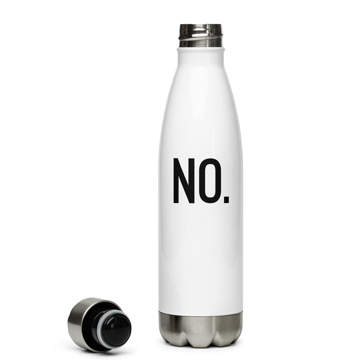 Front facing graphic water bottle and bottle lid in color white, against white background. Featuring the statement 'NO.' in bold black print. From What Was Said (Statement Apparel + More). 