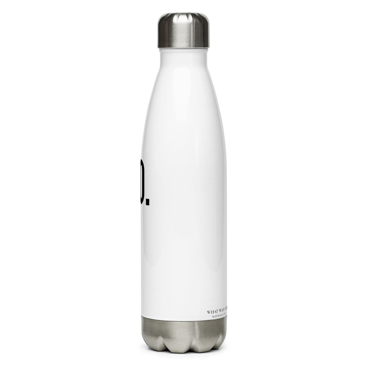 Left side facing graphic water bottle in color white, against white background. Featuring brands website WHTWSSD.COM, in small black print on the back. From What Was Said (Statement Apparel + More). 