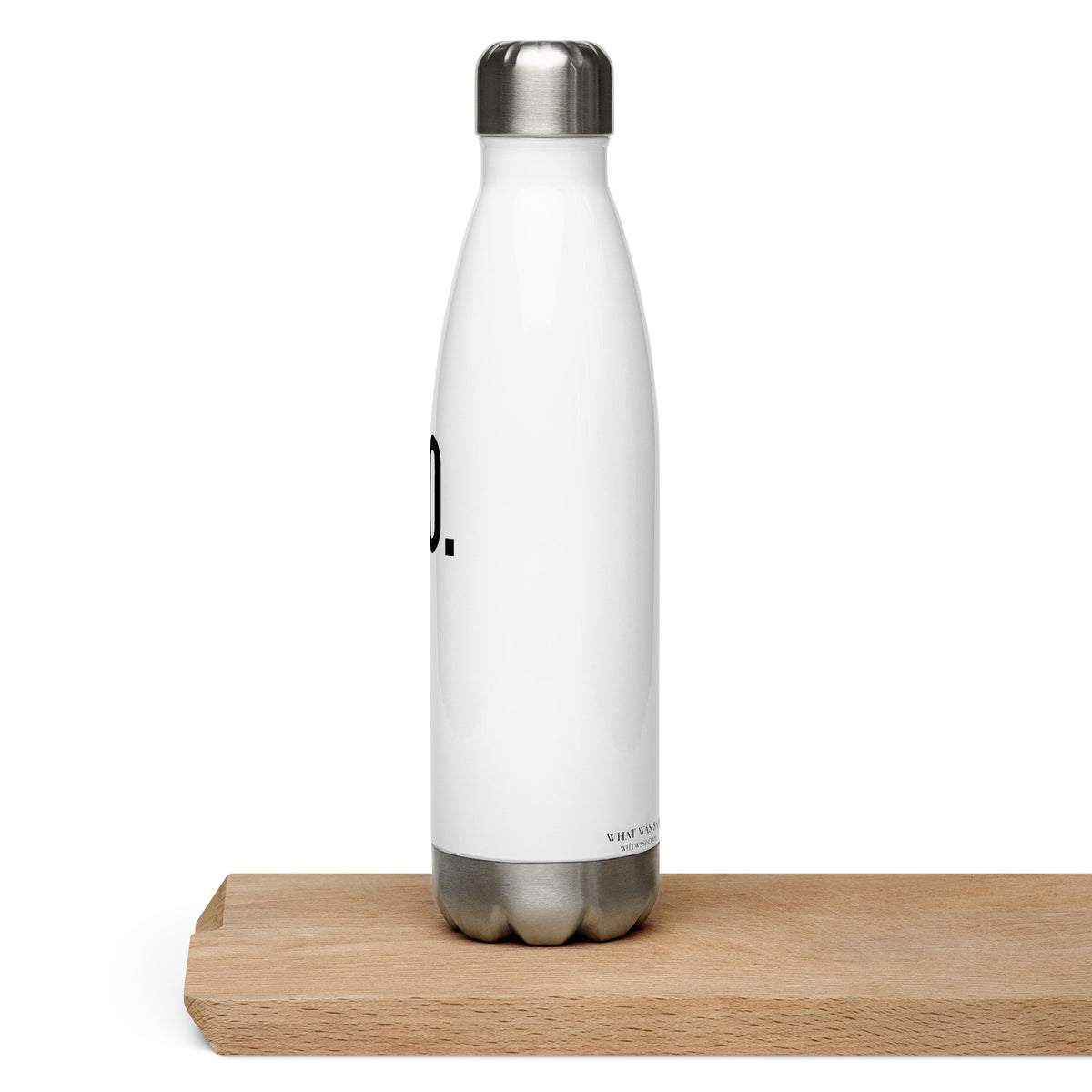 Left side facing graphic water bottle in color white, against white background. Featuring brands website WHTWSSD.COM, in small black print on the back. From What Was Said (Statement Apparel + More). 
