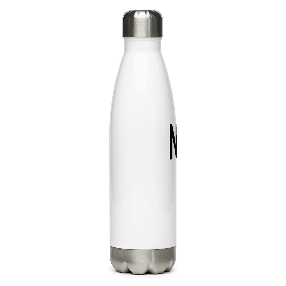 Right facing graphic water bottle in color white, against white background. From What Was Said (Statement Apparel + More). 