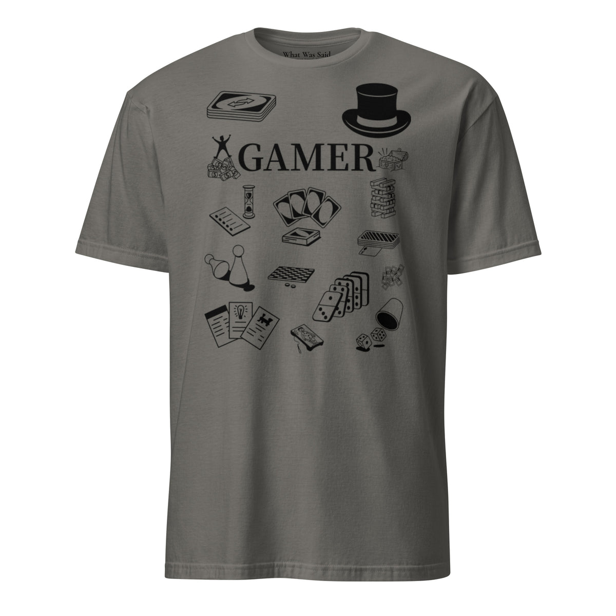 Front facing graphic T-shirt in color charcoal grey, featuring printed image of various classic board game pieces and the word 'GAMER' in black print, from What Was Said (Statement Apparel + More). 