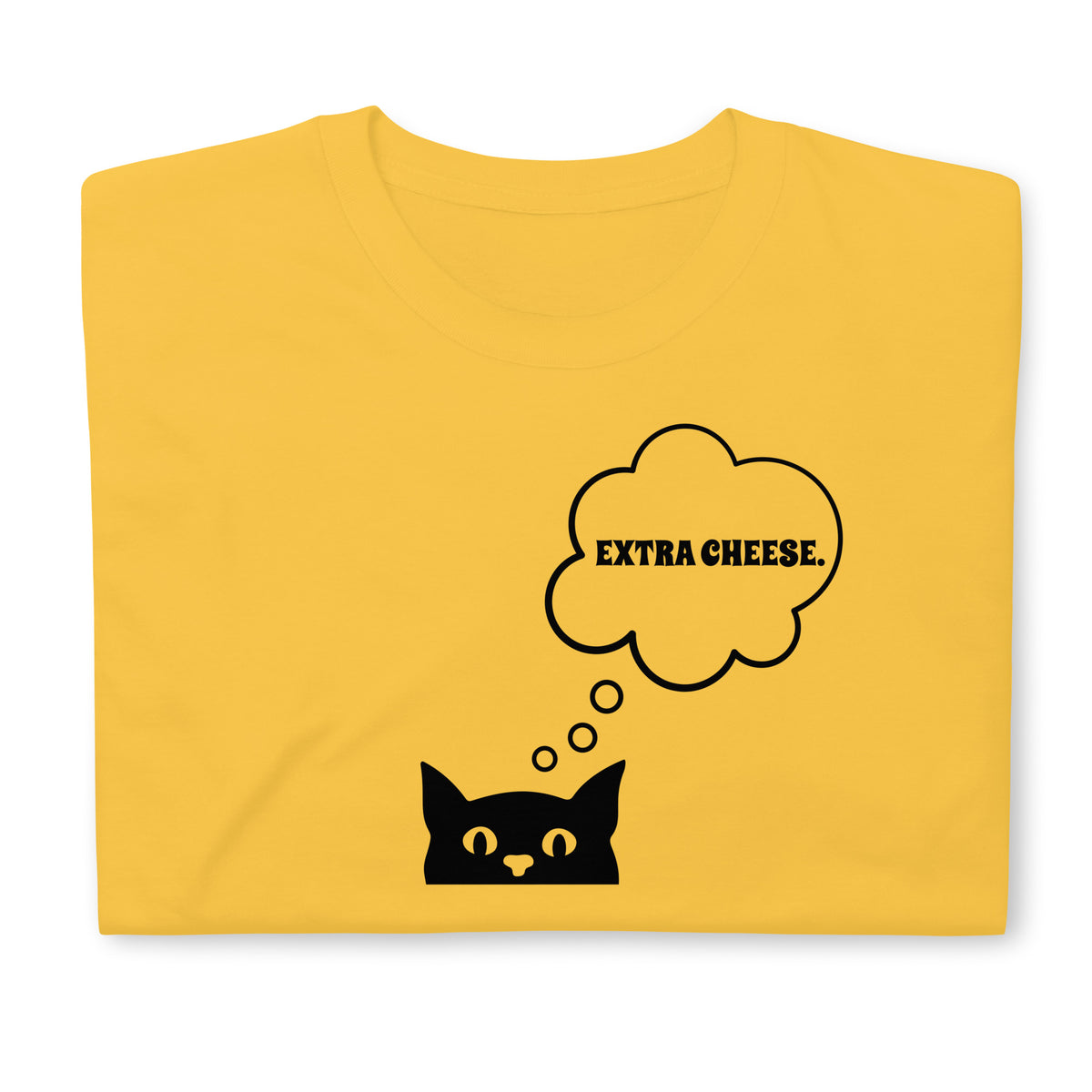 Folded front facing graphic T-shirt in color daisy yellow, featuring printed image of cat with thought bubble, and the words 'EXTRA CHEESE', inside the bubble in black print. From What Was Said (Statement Apparel + More). 