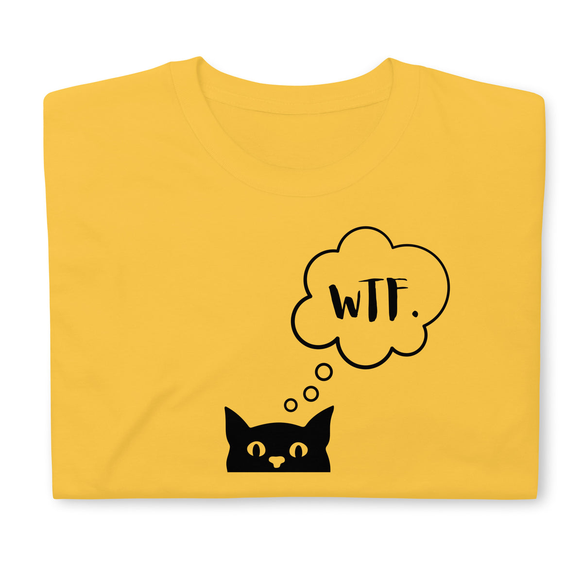 Folded front facing graphic T-shirt in color daisy yellow, featuring printed image of cat with thought bubble, and the initialism 'WTF', inside the bubble in black print. From What Was Said (Statement Apparel + More). 