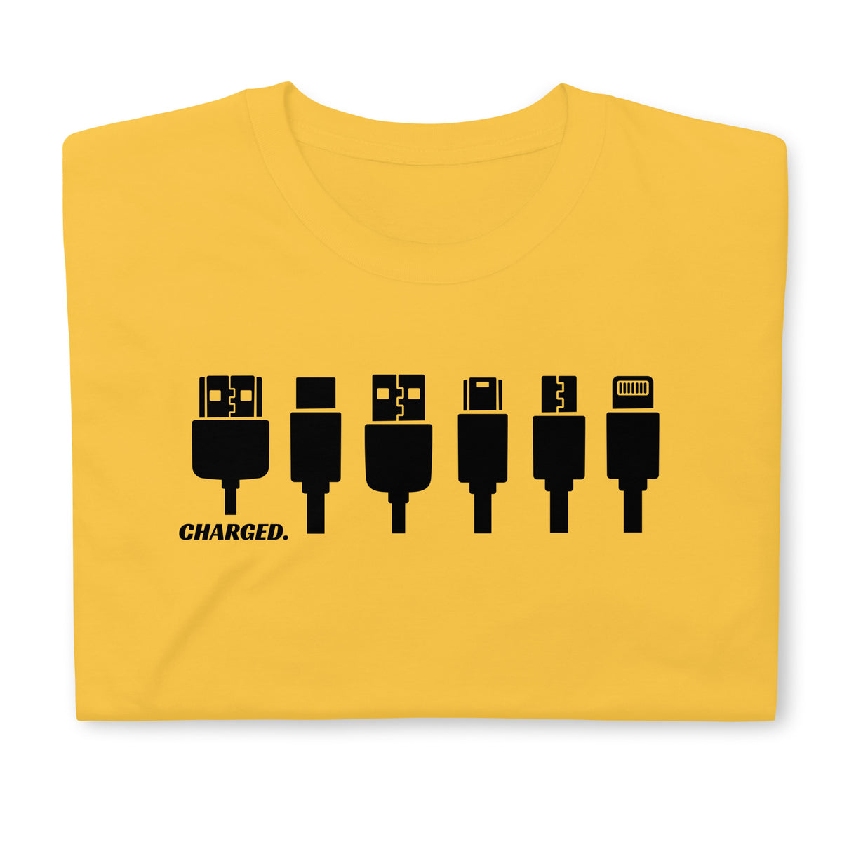 Front facing graphic T-shirt in color daisy yellow, featuring printed image of various device chargers and the written word 'CHARGED' in black print. From What Was Said (Statement Apparel + More).