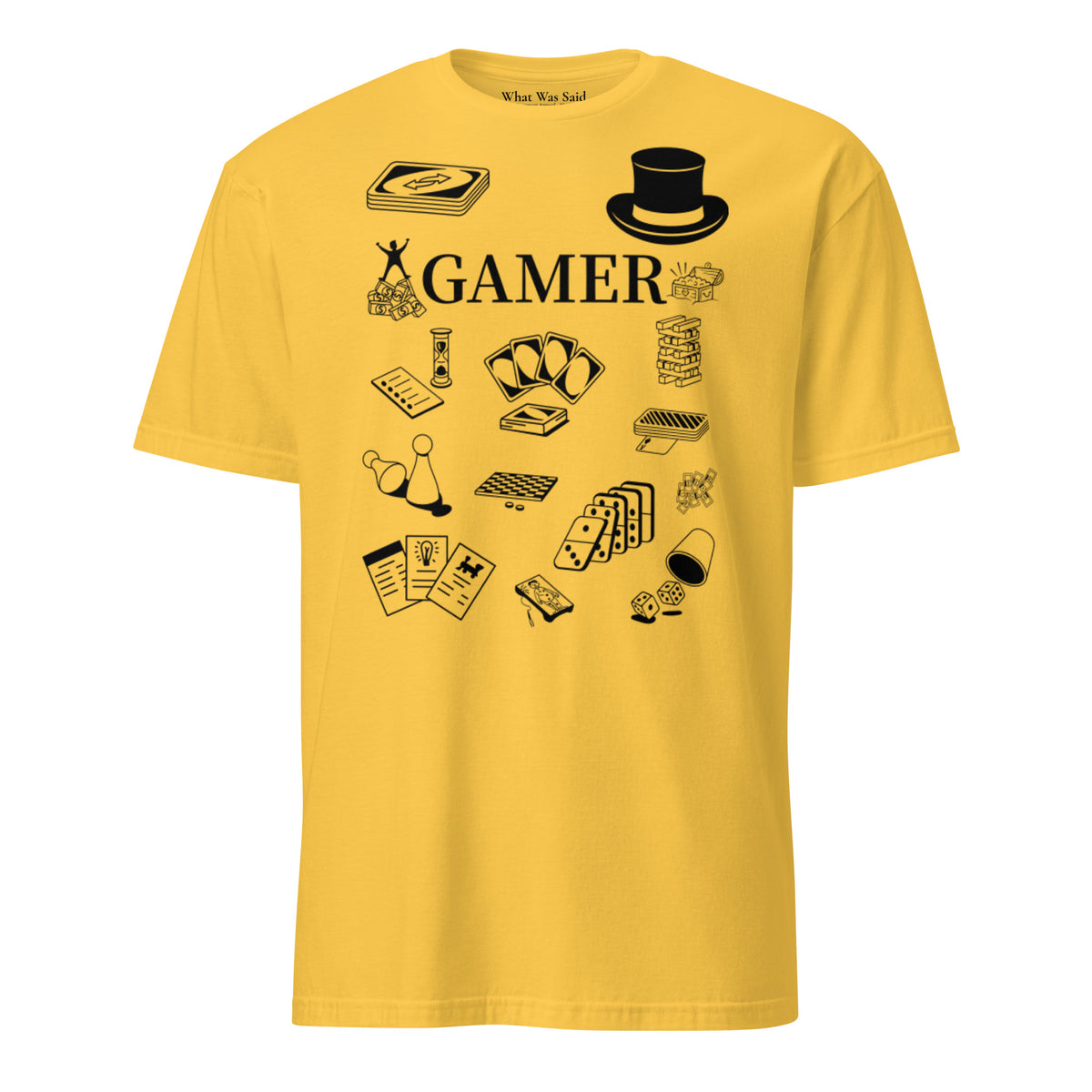 Front facing graphic T-shirt in color daisy yellow, featuring printed image of various classic board game pieces and the word 'GAMER' in black print, from What Was Said (Statement Apparel + More). 