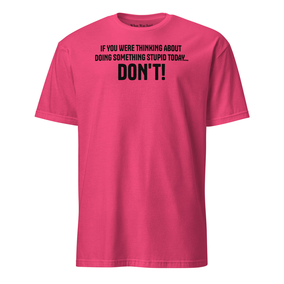 Front facing graphic t-shirt in color heliconia pink, featuring statement, 'IF YOU WERE THINKING ABOUT DOING SOMETHING STUPID TODAY... DON'T!' in bold black print. From What Was Said (Statement Apparel + More).