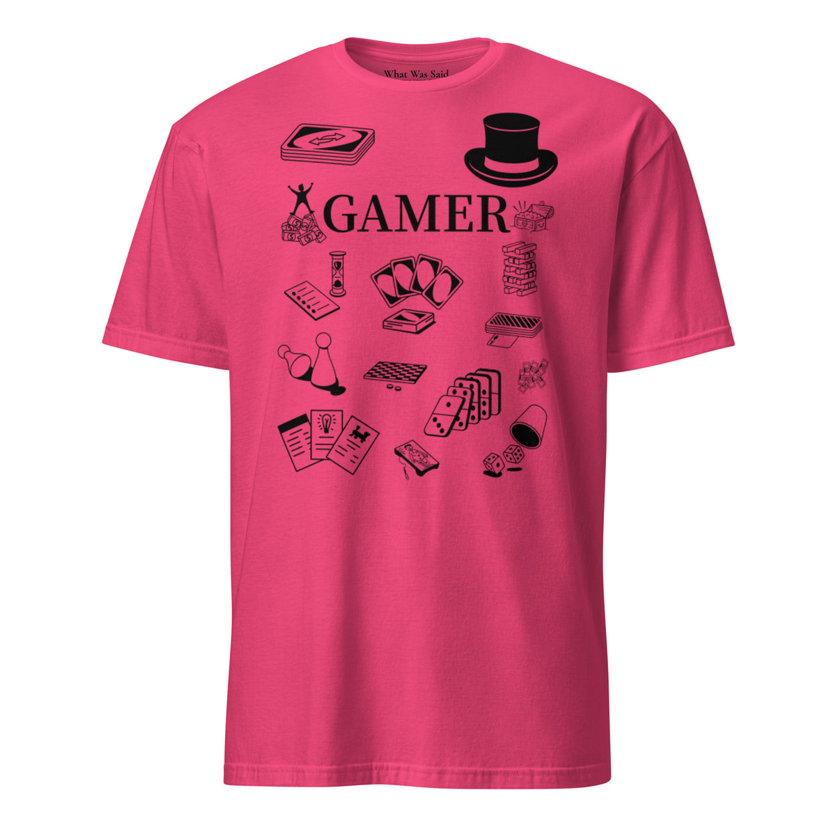 Front facing graphic T-shirt in color heliconia pink, featuring printed image of various classic board game pieces and the word 'GAMER' in black print, from What Was Said (Statement Apparel + More). 