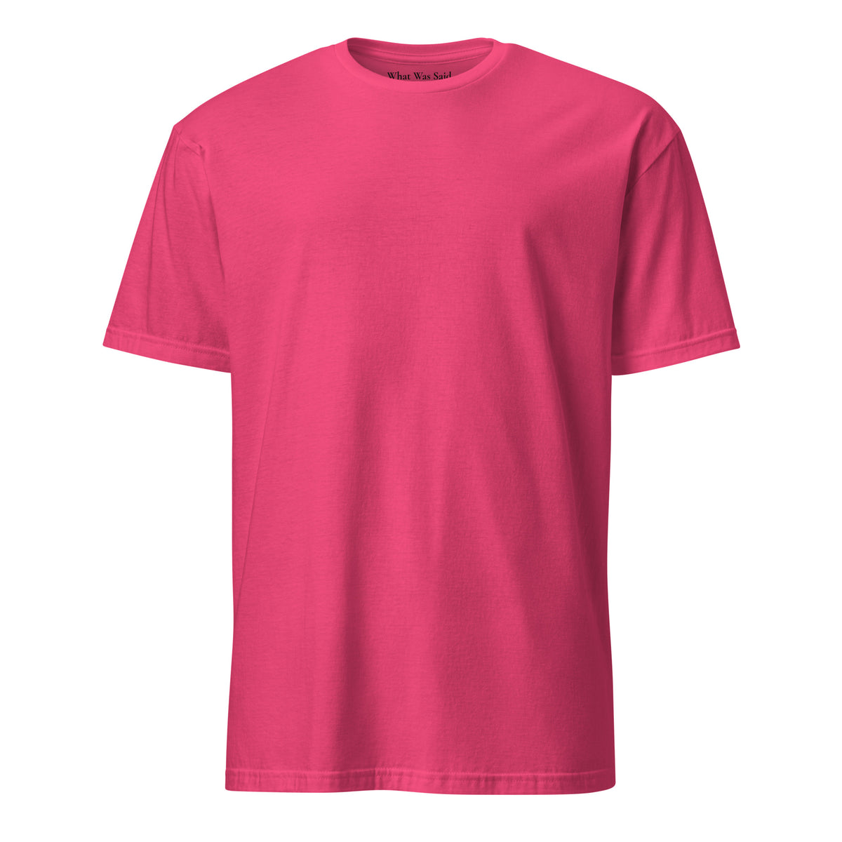 Left side facing graphic t-shirt in color heliconia pink, from What Was Said (Statement Apparel + More). 