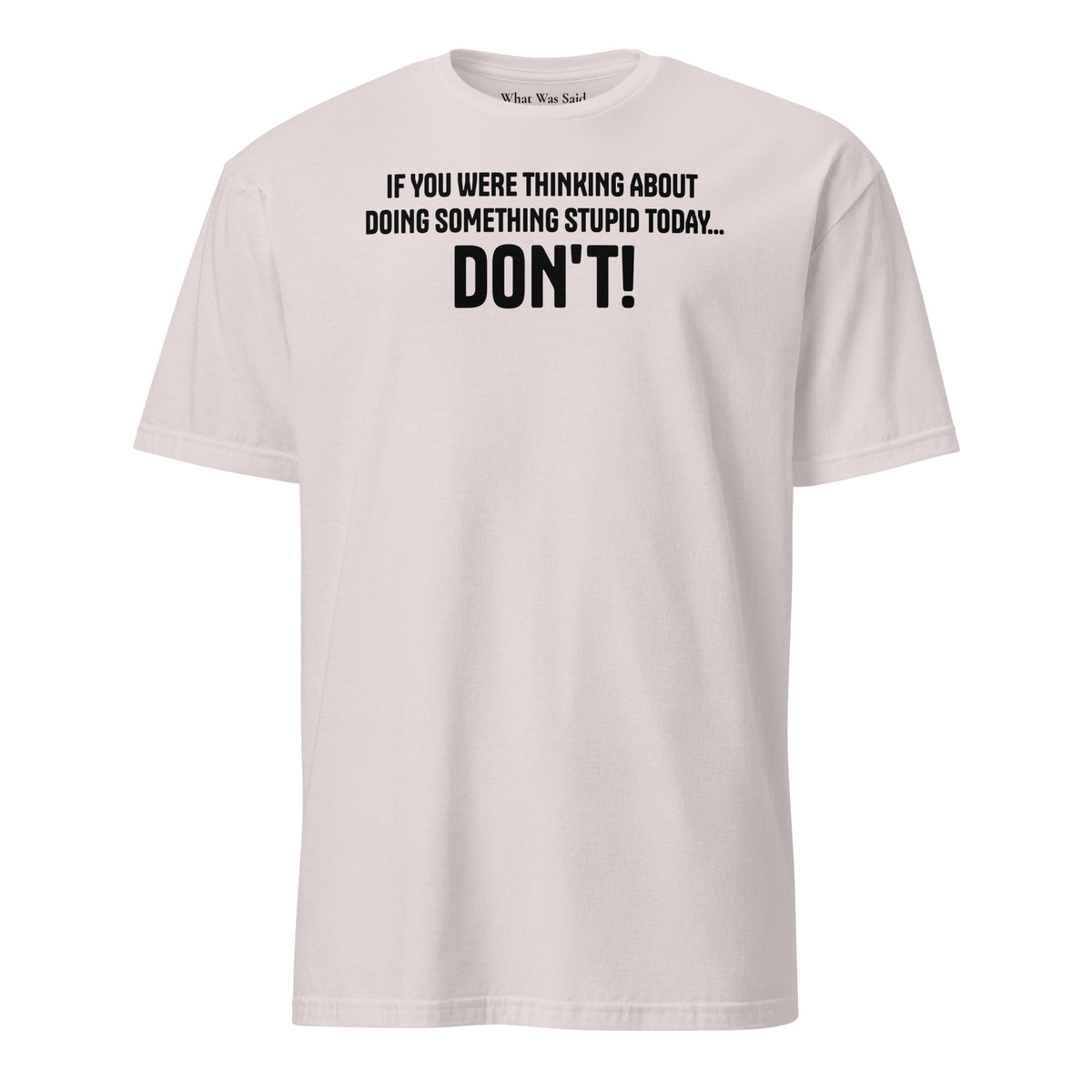 Front facing graphic t-shirt in color light ice grey, featuring statement, 'IF YOU WERE THINKING ABOUT DOING SOMETHING STUPID TODAY... DON'T!' in bold black print. From What Was Said (Statement Apparel + More).
