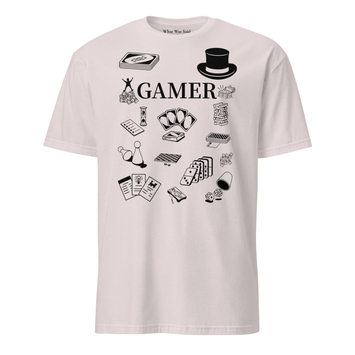 Front facing graphic T-shirt in color light ice-grey, featuring printed image of various classic board game pieces and the word 'GAMER' in black print, from What Was Said (Statement Apparel + More). 