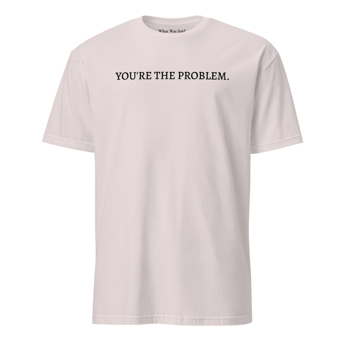 Front facing graphic t-shirt in color light ice grey featuring statement, 'YOU'RE THE PROBLEM', in bold black print. From What Was Said (Statement Apparel + More).