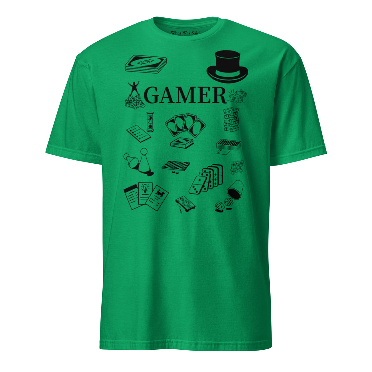 Front facing graphic T-shirt in color irish-green, featuring printed image of various classic board game pieces and the word 'GAMER' in black print, from What Was Said (Statement Apparel + More). 
