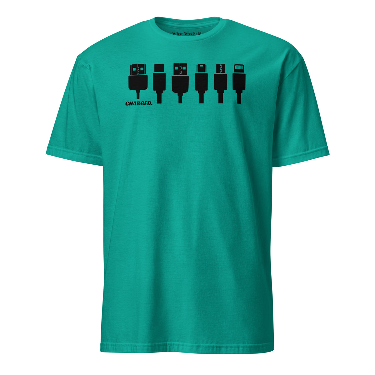 Front facing graphic T-shirt in color jade dome green, featuring printed image of various device chargers and the written word 'CHARGED' in black print. From What Was Said (Statement Apparel + More).