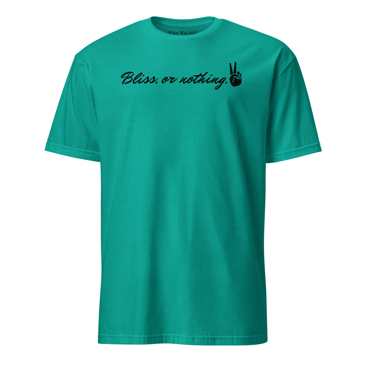 Front facing graphic t-shirt in color jade dome green, featuring statement, 'Bliss, or nothing,' in bold black cursive print. With a hand showing the peace sign at the end of the statement. From What Was Said (Statement Apparel + More).