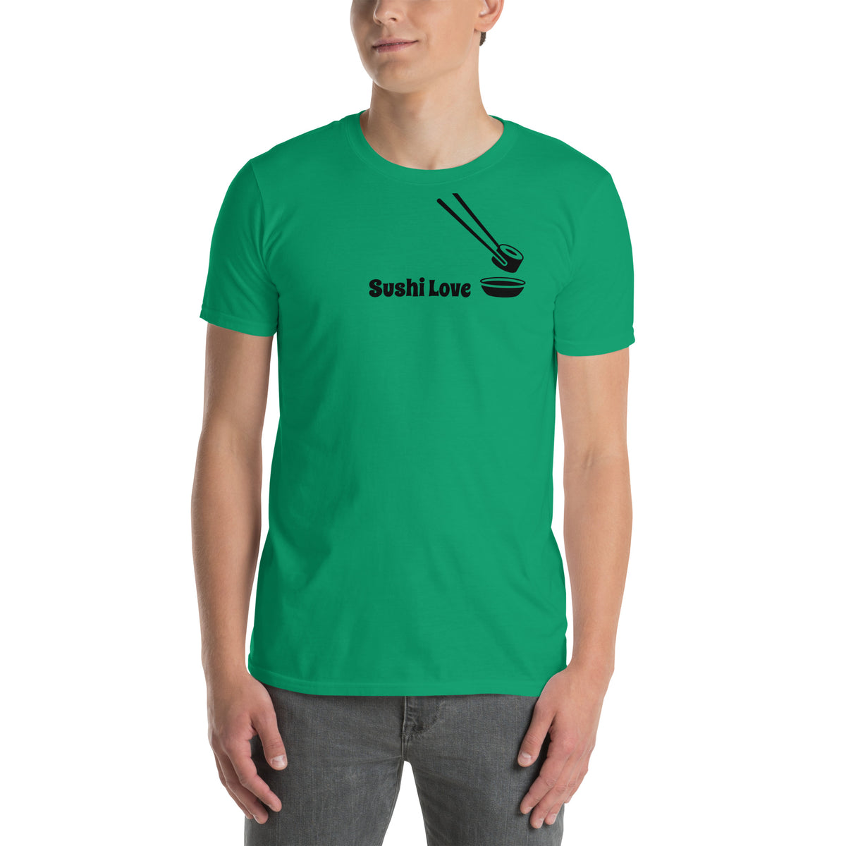 Model wearing front facing graphic T-shirt in color kelly-green, featuring printed image of sushi, and the written words, 'SUSHI LOVE' in black print. From What Was Said (Statement Apparel + More).
