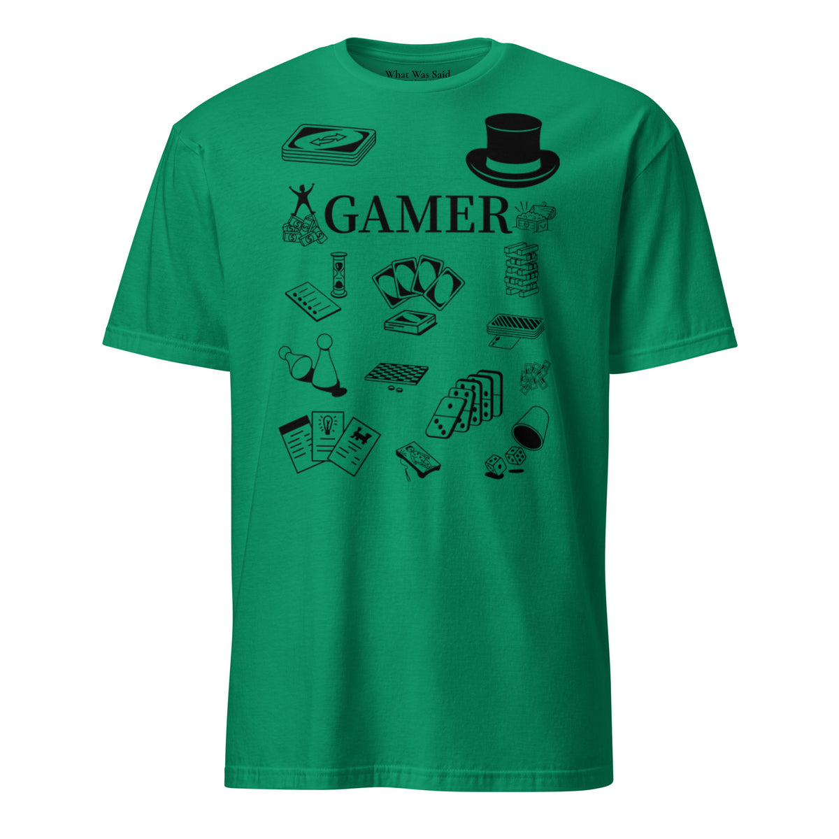 Front facing graphic T-shirt in color kelly-green, featuring printed image of various classic board game pieces and the word 'GAMER' in black print, from What Was Said (Statement Apparel + More). 