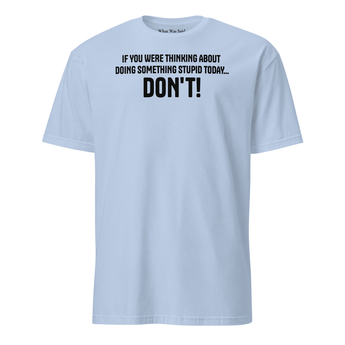 Front facing graphic t-shirt in color light blue, featuring statement, 'IF YOU WERE THINKING ABOUT DOING SOMETHING STUPID TODAY... DON'T!' in bold black print. From What Was Said (Statement Apparel + More).