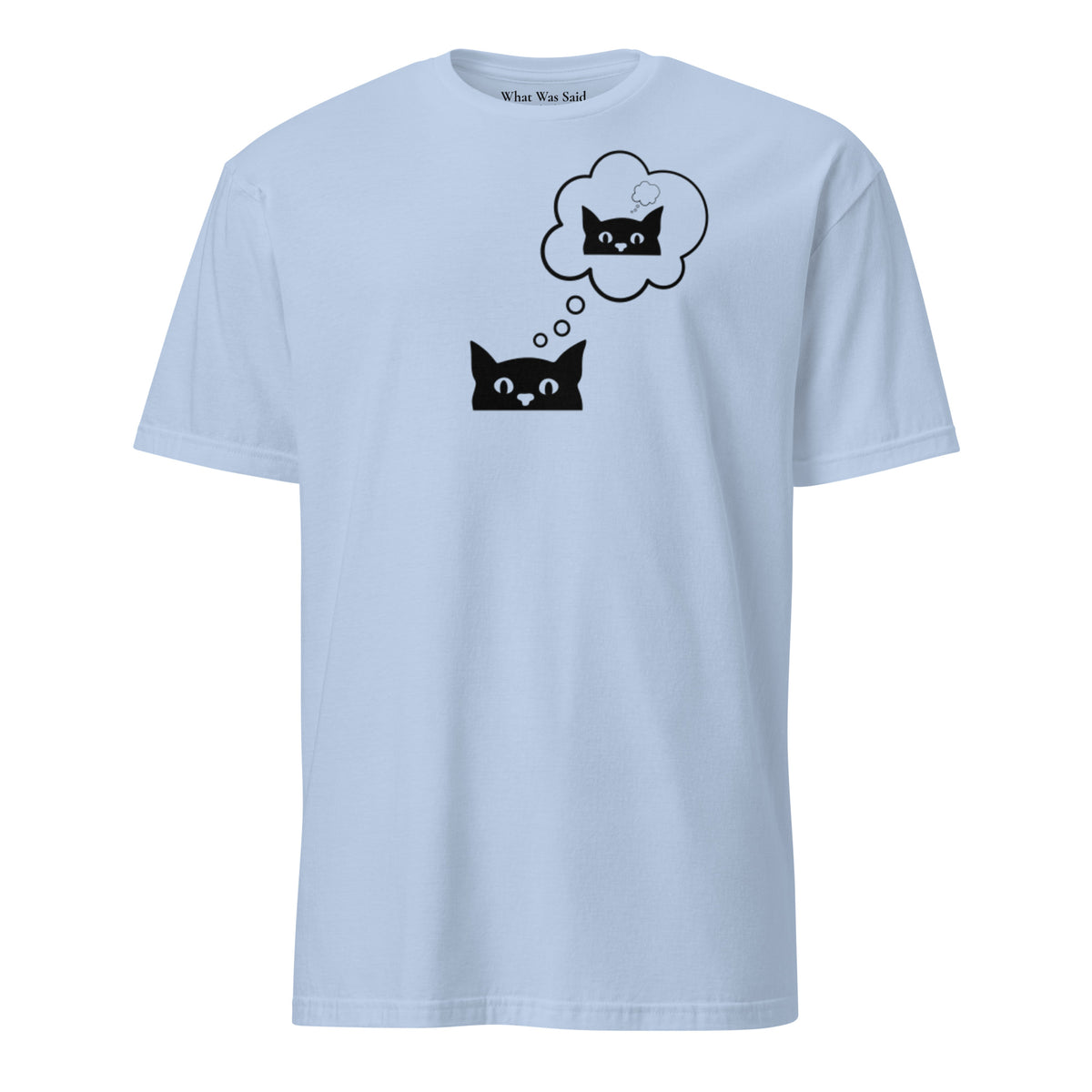 Front facing graphic T-shirt in color light blue, featuring printed image of cat with thought bubble, and duplicate cat image inside the thought bubble, in black print. From What Was Said (Statement Apparel + More). 