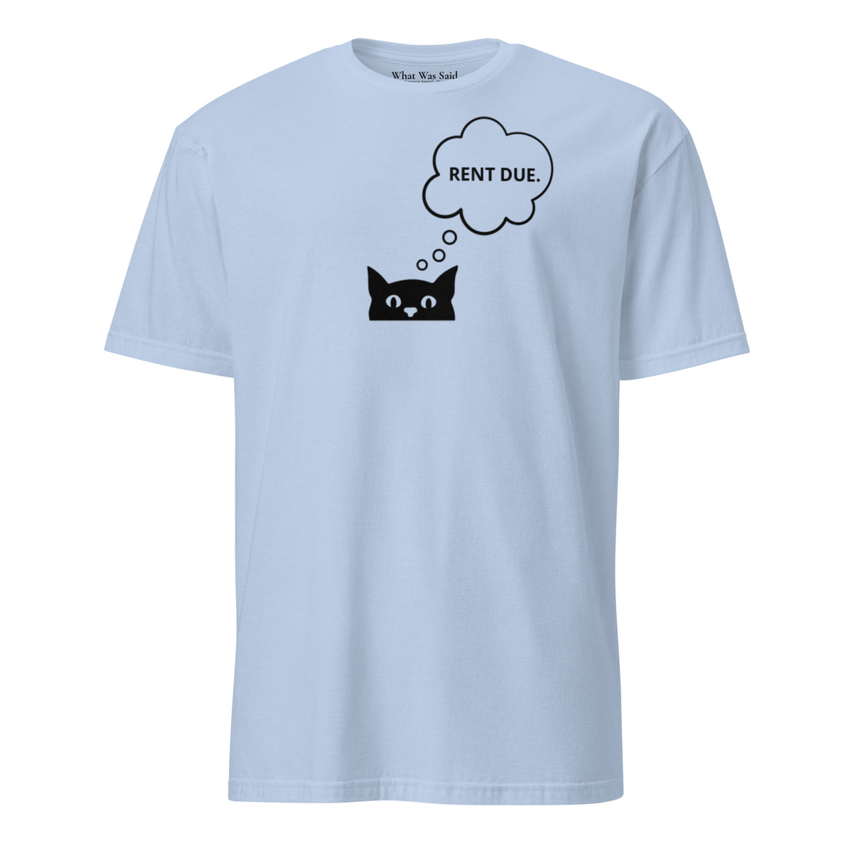 Front facing graphic T-shirt in color white, featuring printed image of cat with thought bubble, and the words 'RENT DUE', inside the bubble in black print. From What Was Said (Statement Apparel + More).