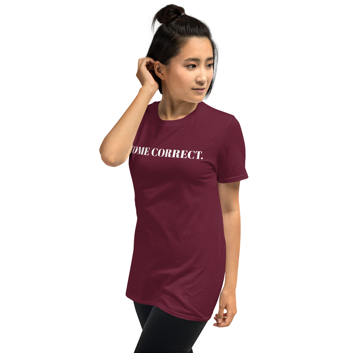Model is wearing left front facing graphic t-shirt in maroon red, featuring statement 'COME CORRECT', in bold white print. From What Was Said (Statement Apparel + More).