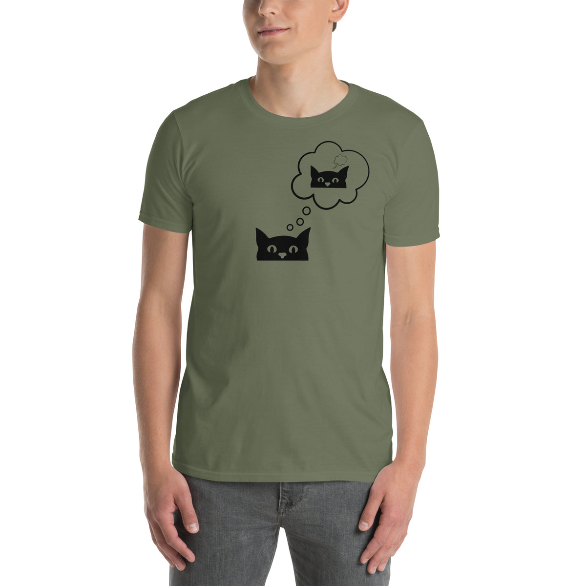 Model wearing front facing graphic T-shirt in color military green, featuring printed image of cat with thought bubble, and duplicate cat image inside the thought bubble, in black print. From What Was Said (Statement Apparel + More). 