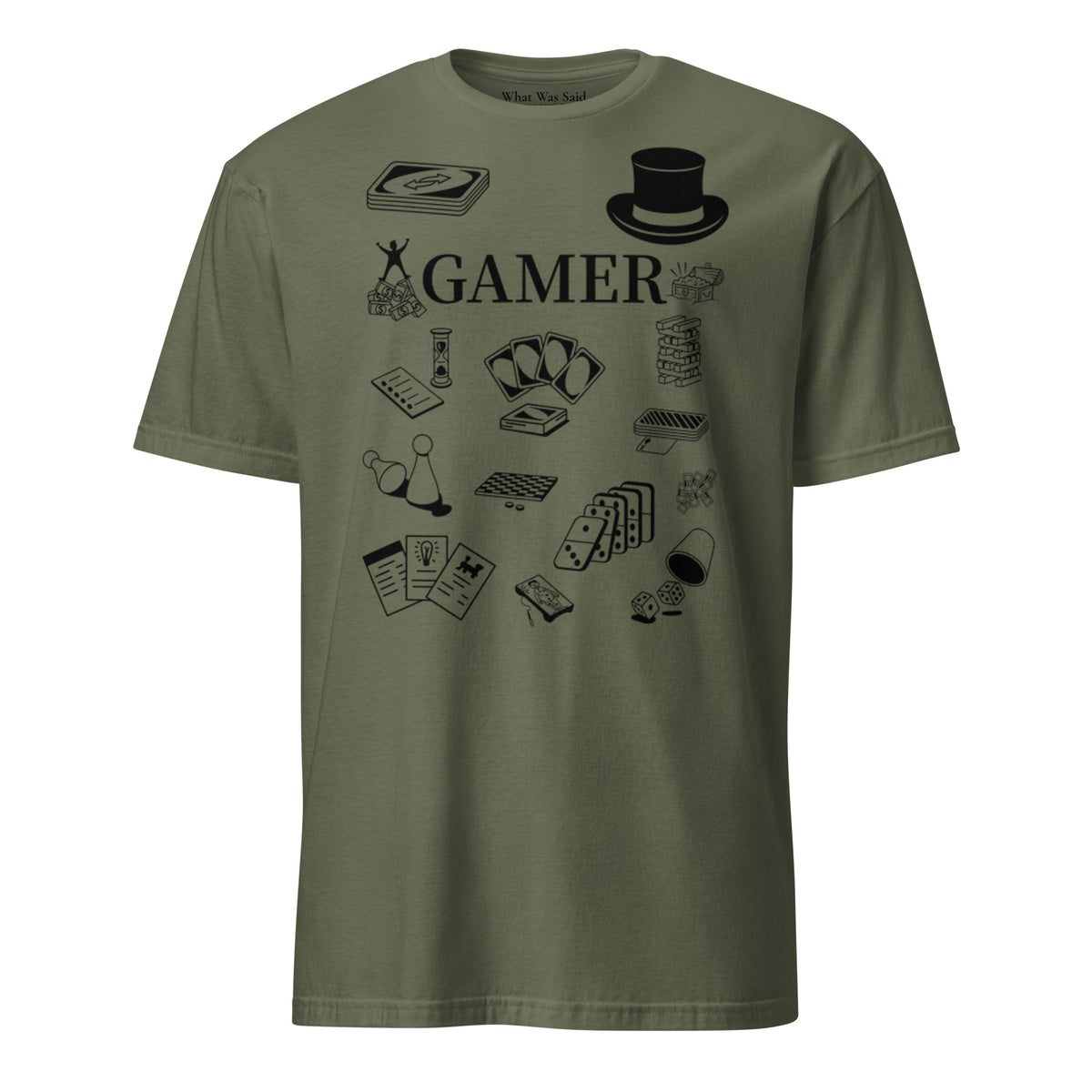 Front facing graphic T-shirt in color military green, featuring printed image of various classic board game pieces and the word 'GAMER' in black print, from What Was Said (Statement Apparel + More). 
